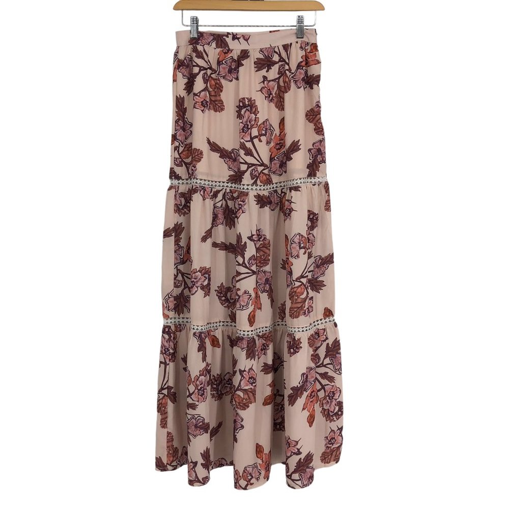 One Way Pink floral Tiered Maxi lined A-Line Skirt size 8